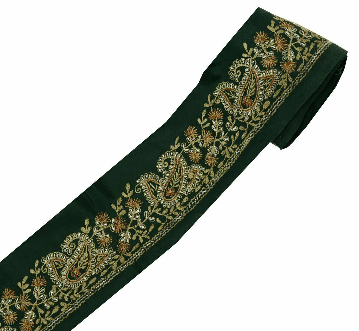 Antique Vtg Sari Border Indian Craft Trim Embroidered Paisley Floral Green lace