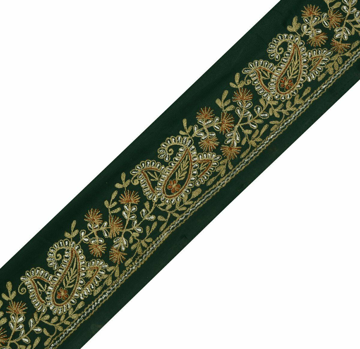 Antique Vtg Sari Border Indian Craft Trim Embroidered Paisley Floral Green lace