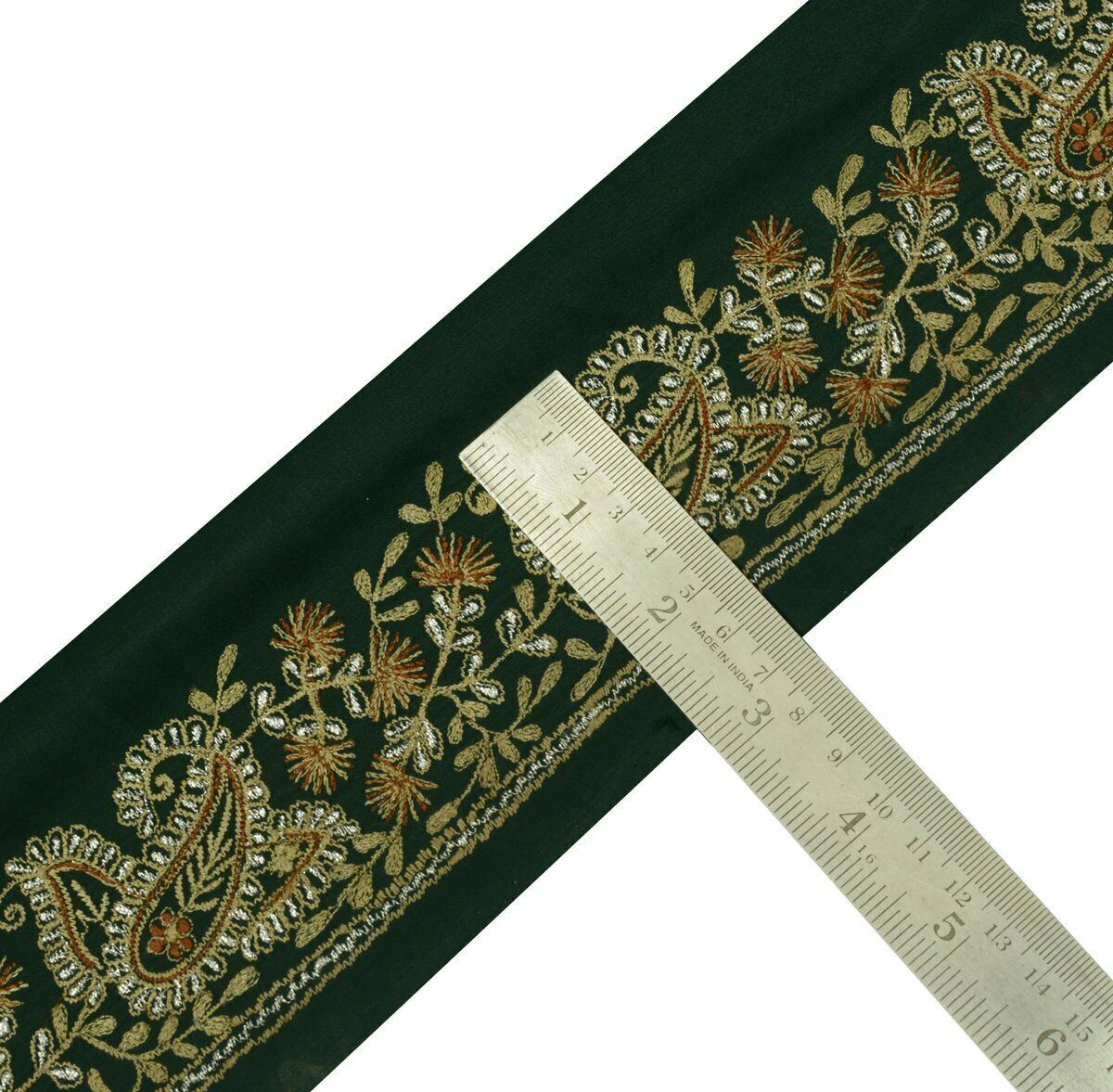 Antique Vtg Sari Border Indian Craft Trim Embroidered Paisley Floral Green lace