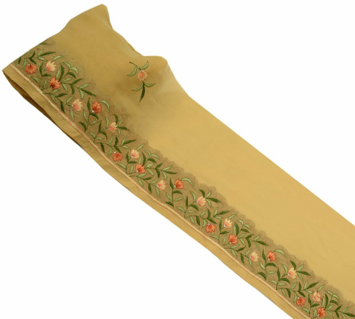Vintage Saree Border Indian Craft Trim Hand Embroidered Floral Light Brown Lace