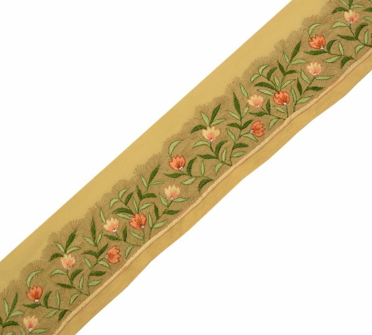 Vintage Saree Border Indian Craft Trim Hand Embroidered Floral Light Brown Lace