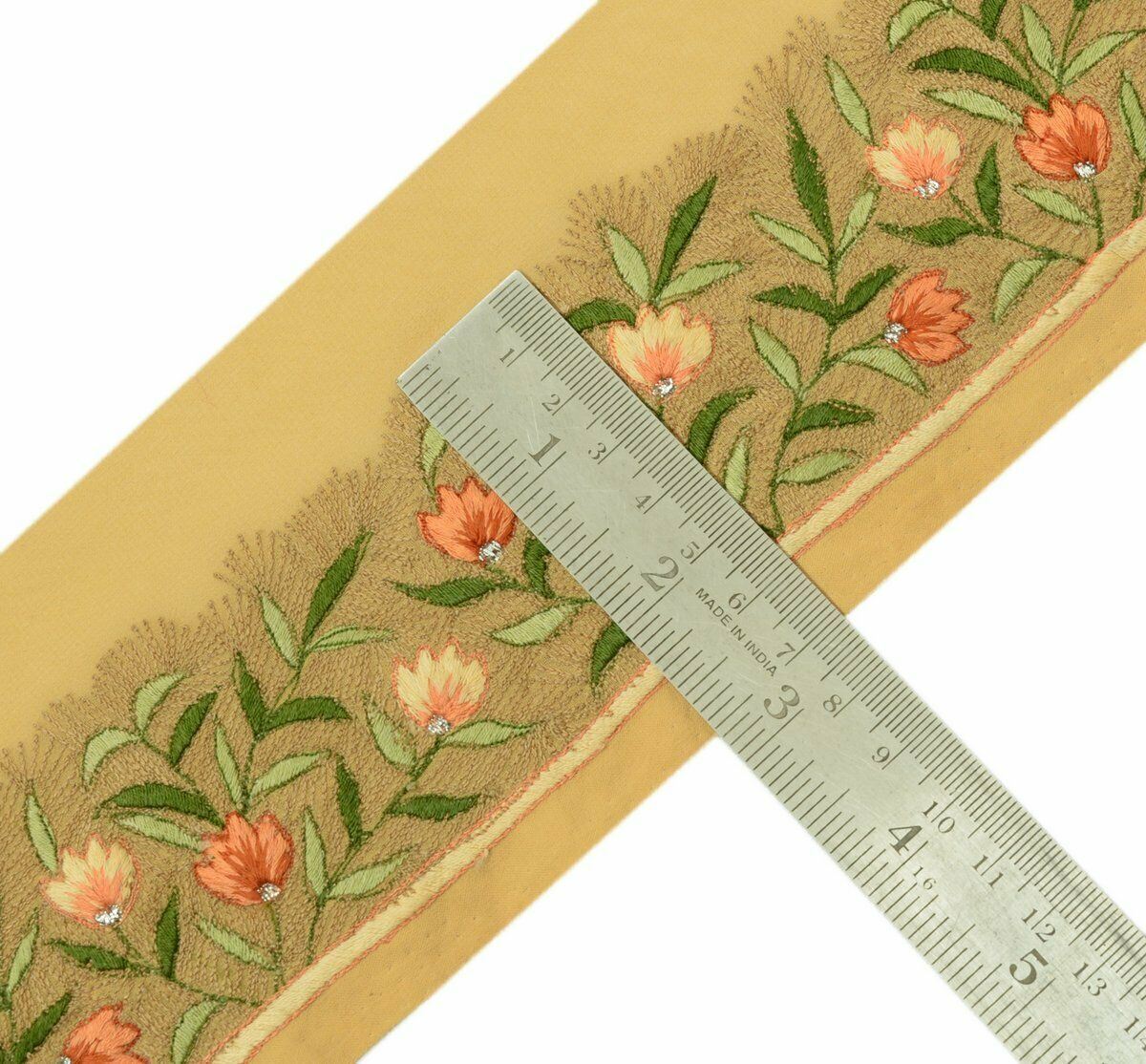 Vintage Saree Border Indian Craft Trim Hand Embroidered Floral Light Brown Lace