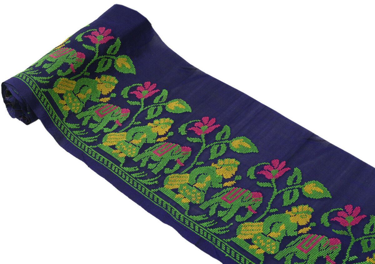 Antique Vintage Saree Border Indian Craft Trim Woven Floral Blue Ribbon Lace