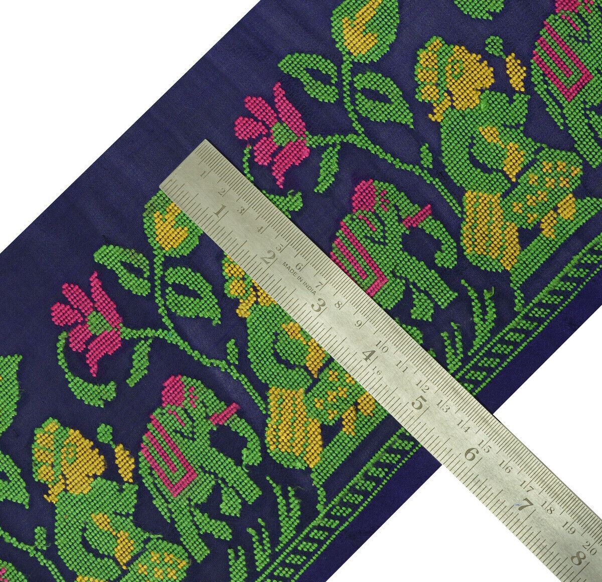 Antique Vintage Saree Border Indian Craft Trim Woven Floral Blue Ribbon Lace