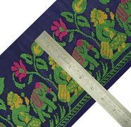 Antique Vintage Saree Border Indian Craft Trim Woven Floral Blue Ribbon Lace