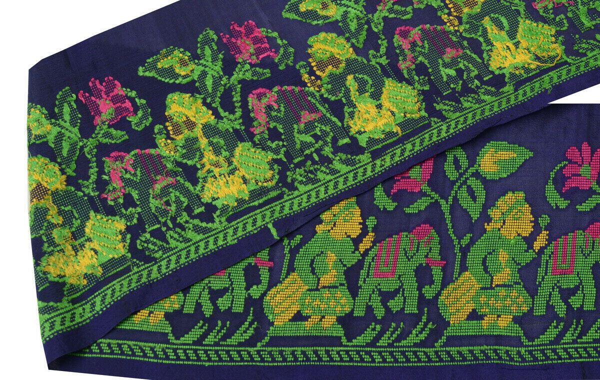Antique Vintage Saree Border Indian Craft Trim Woven Floral Blue Ribbon Lace