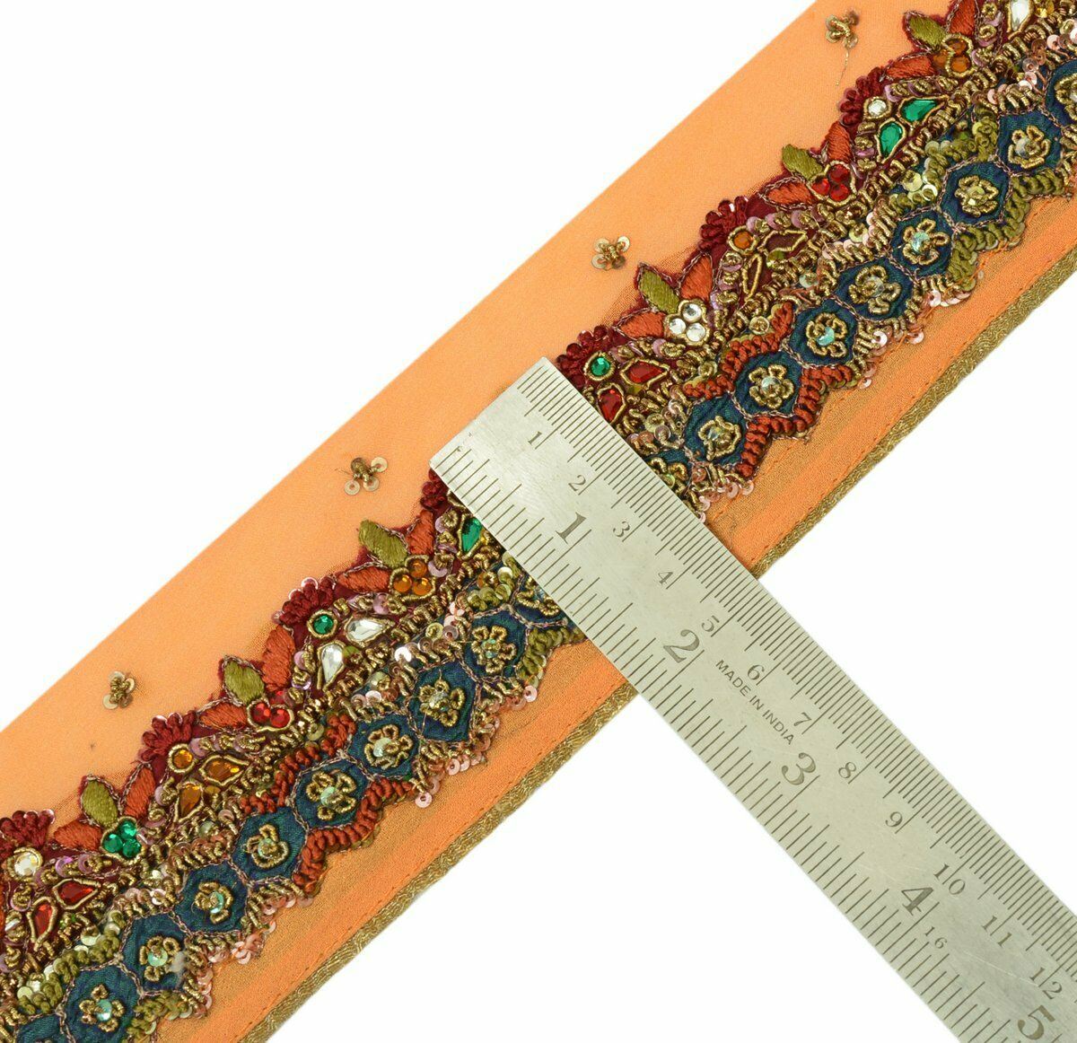 Antique Vintage Sari Border Indian Craft Trim Hand Beaded Embroidered Lace Peach