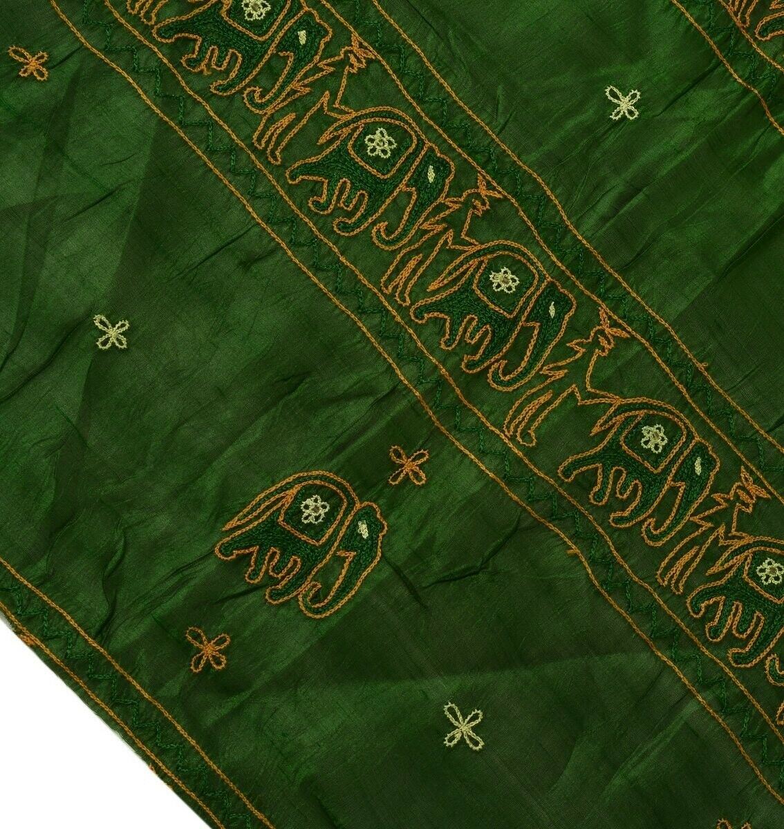 Vintage Saree Multi Purpose Fabric Piece Sew Craft Embroidered Elephant Green