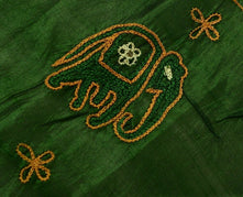 Vintage Saree Multi Purpose Fabric Piece Sew Craft Embroidered Elephant Green
