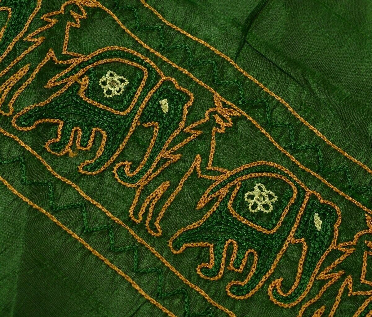 Vintage Saree Multi Purpose Fabric Piece Sew Craft Embroidered Elephant Green