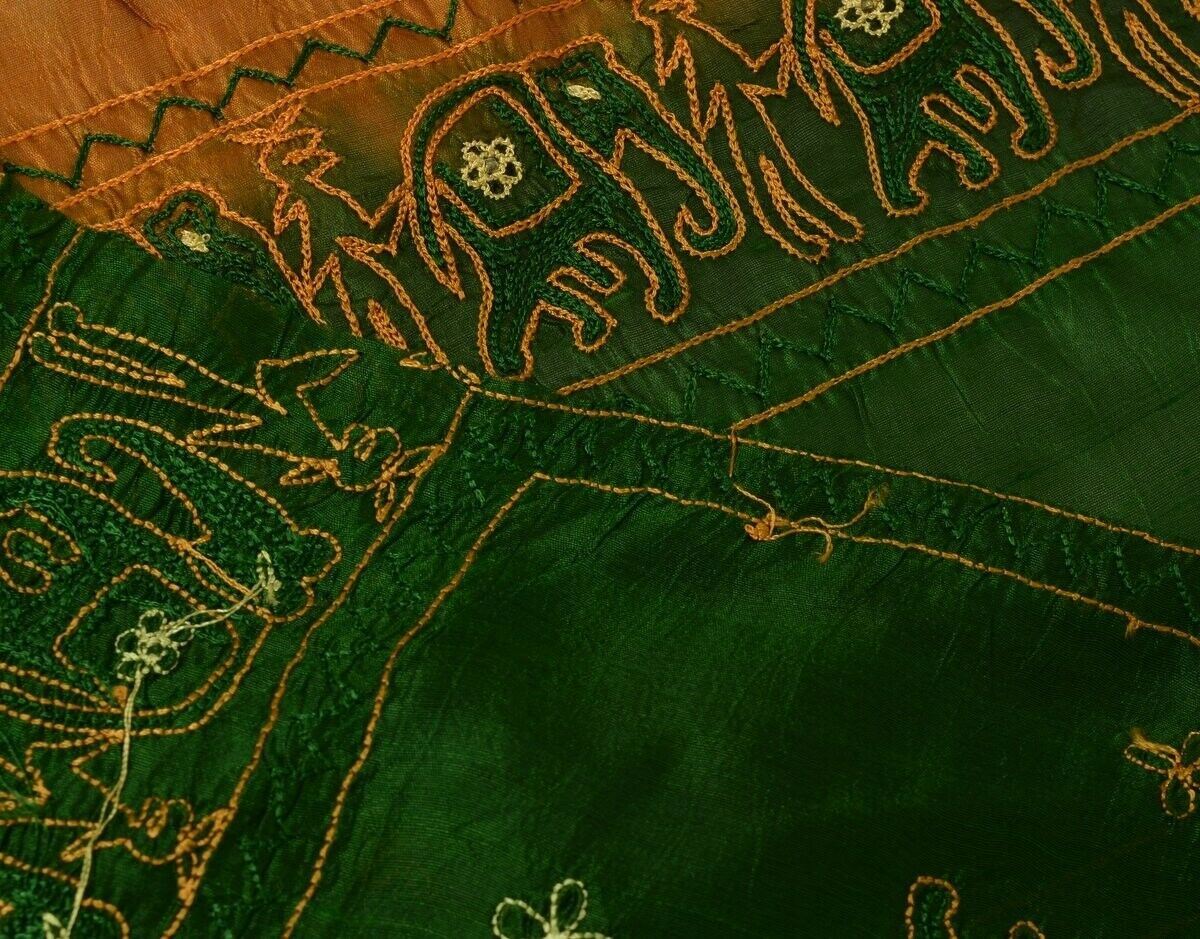 Vintage Saree Multi Purpose Fabric Piece Sew Craft Embroidered Elephant Green