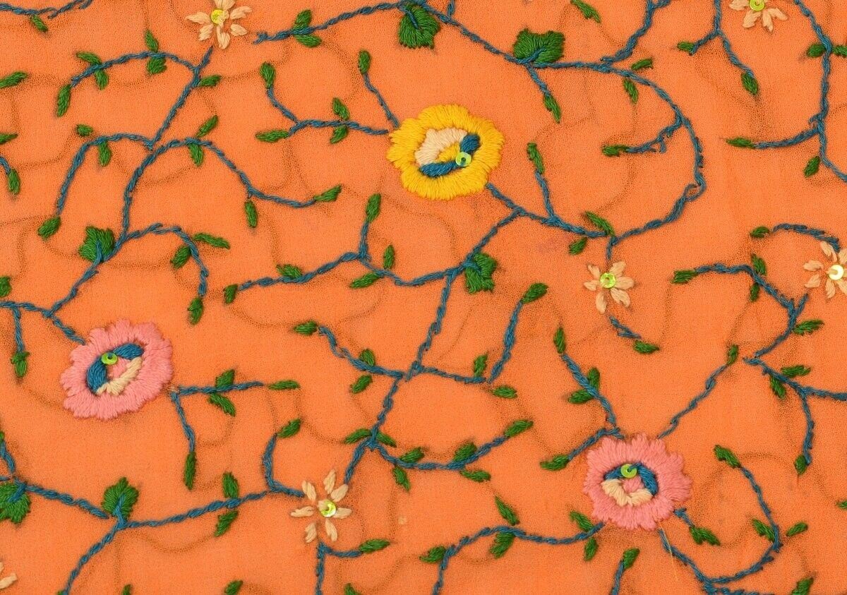 Vintage Saree Multi Purpose Fabric Piece for Sew Craft Hand Embroidered Orange