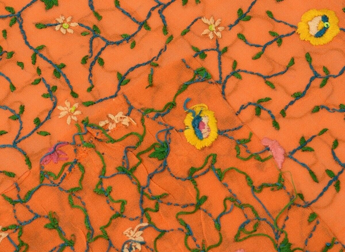 Vintage Saree Multi Purpose Fabric Piece for Sew Craft Hand Embroidered Orange