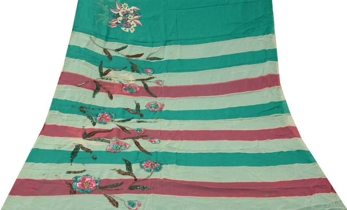 Embroidered  Pure Georgette Silk Vintage Sari Remnant Fabric for Sewing Craft