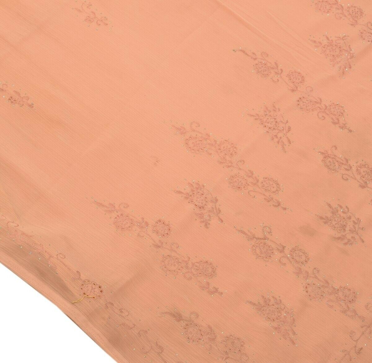 Vintage Saree Art Chiffon Silk Sari Embroidered Scrap Fabric Craft Peach Saree