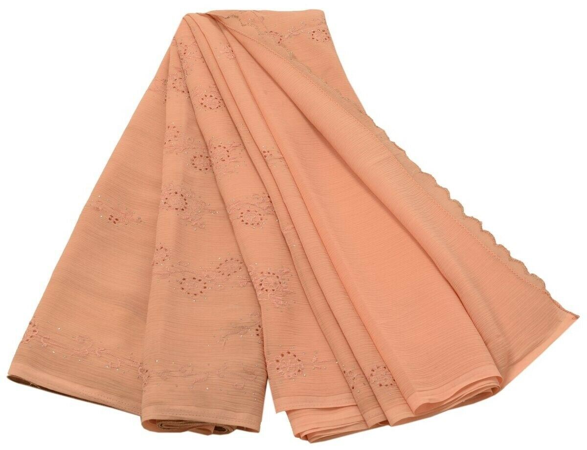Vintage Saree Art Chiffon Silk Sari Embroidered Scrap Fabric Craft Peach Saree