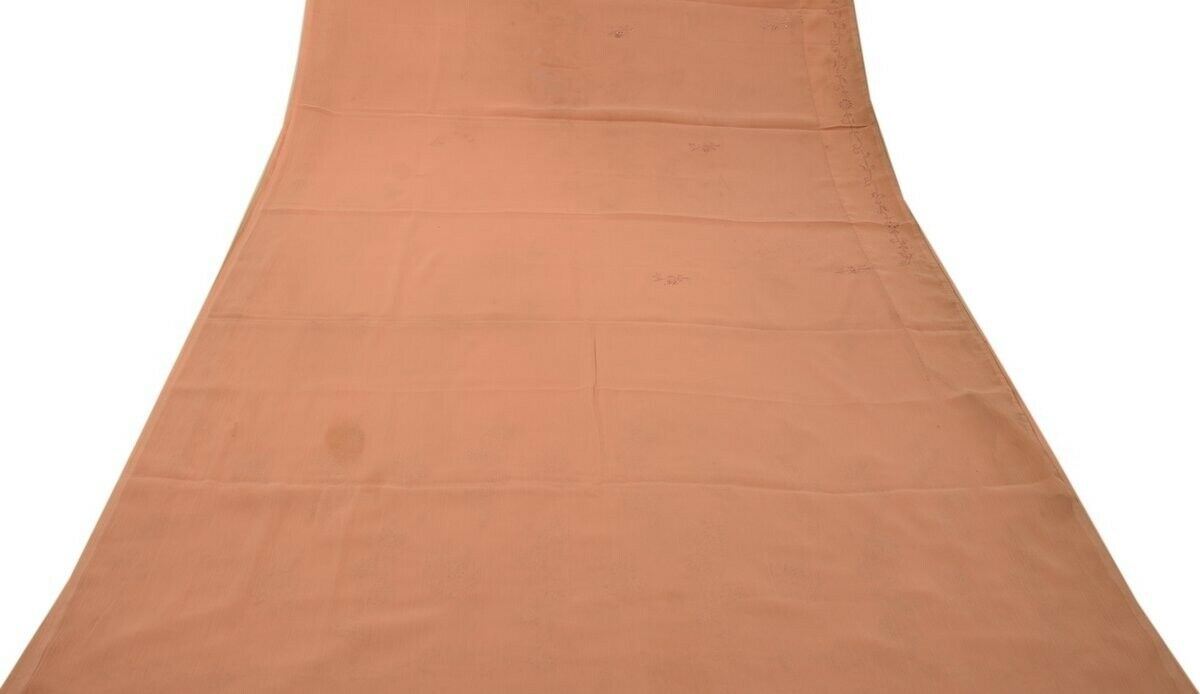 Vintage Saree Art Chiffon Silk Sari Embroidered Scrap Fabric Craft Peach Saree