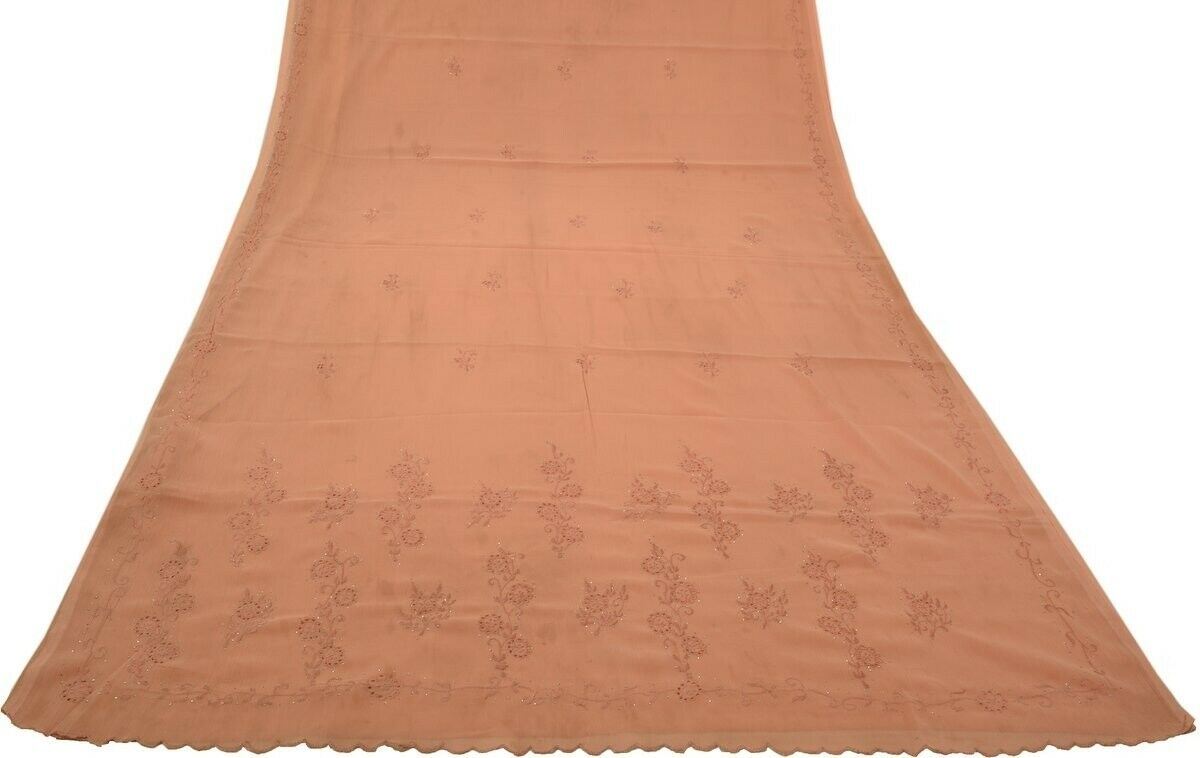 Vintage Saree Art Chiffon Silk Sari Embroidered Scrap Fabric Craft Peach Saree