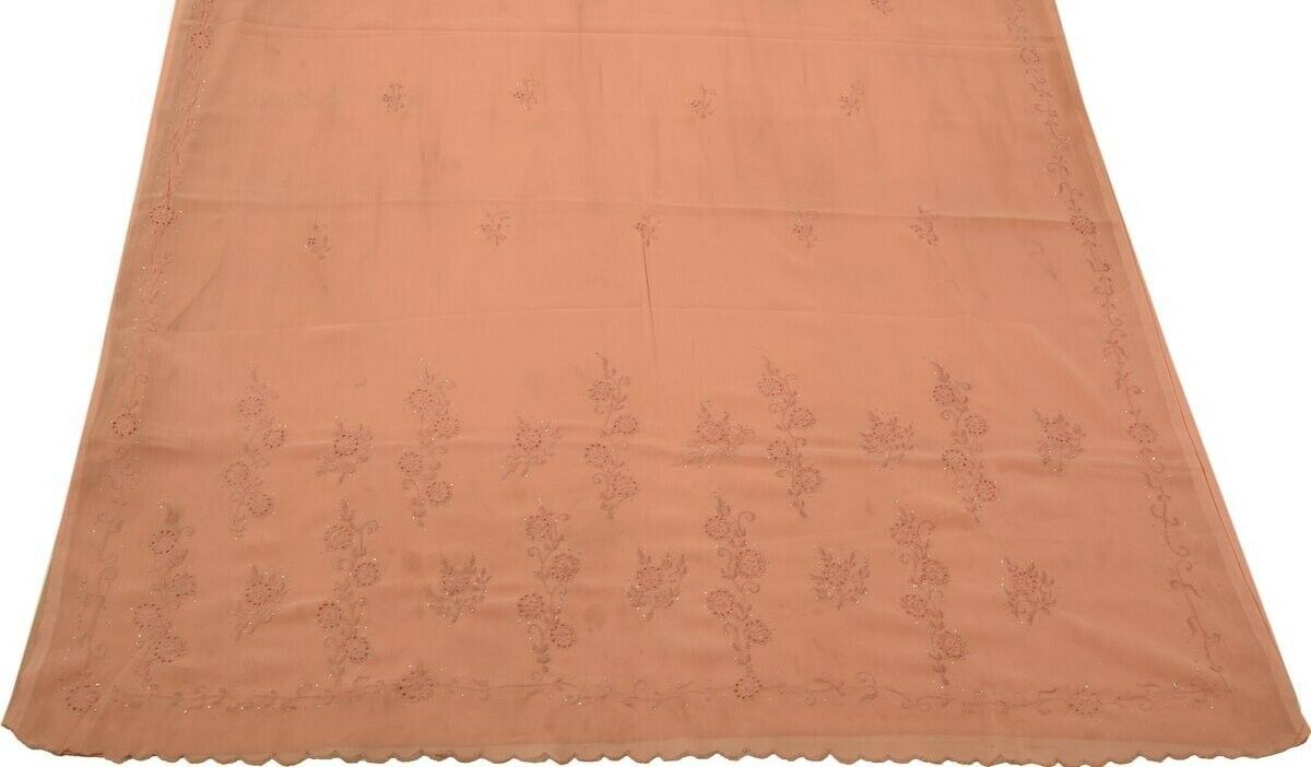 Vintage Saree Art Chiffon Silk Sari Embroidered Scrap Fabric Craft Peach Saree