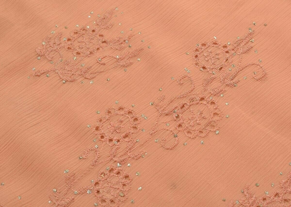 Vintage Saree Art Chiffon Silk Sari Embroidered Scrap Fabric Craft Peach Saree