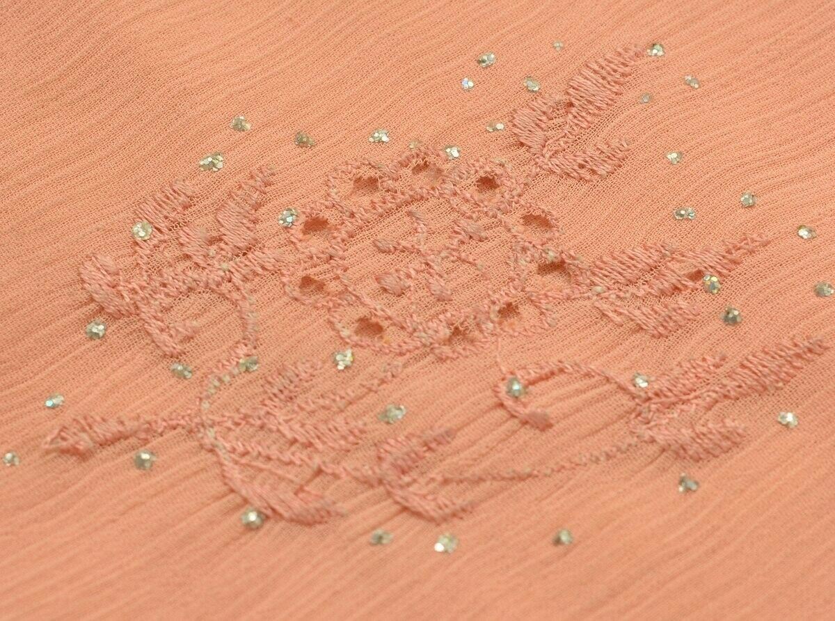 Vintage Saree Art Chiffon Silk Sari Embroidered Scrap Fabric Craft Peach Saree