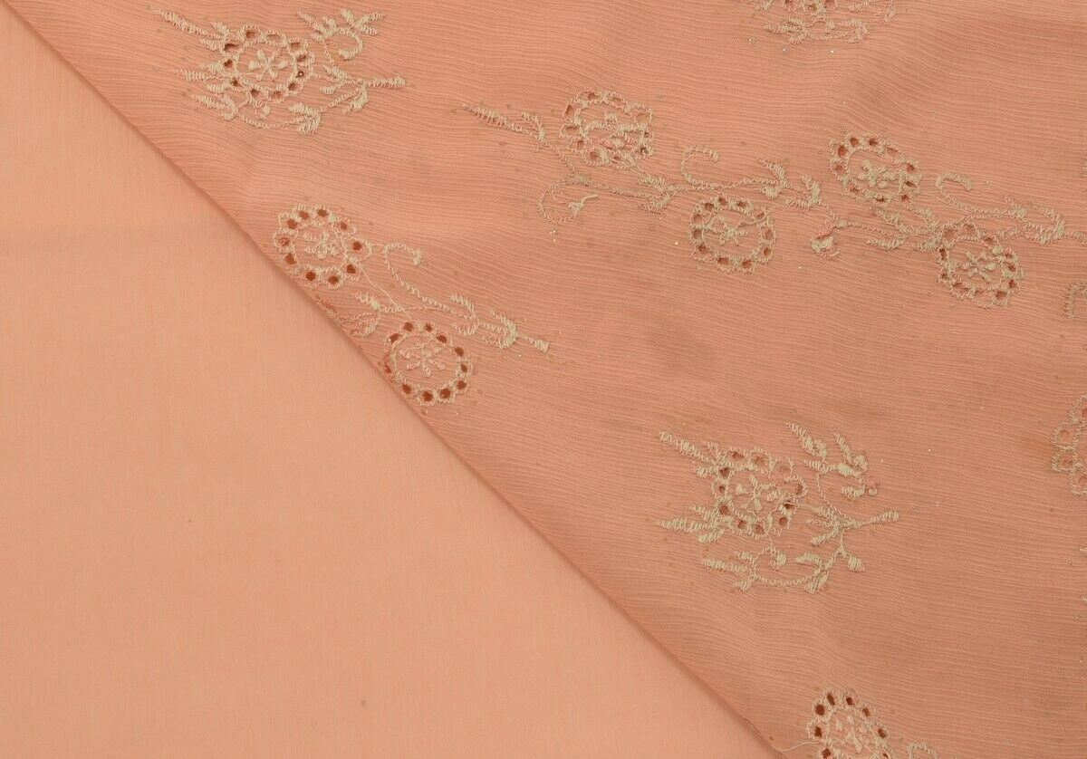 Vintage Saree Art Chiffon Silk Sari Embroidered Scrap Fabric Craft Peach Saree