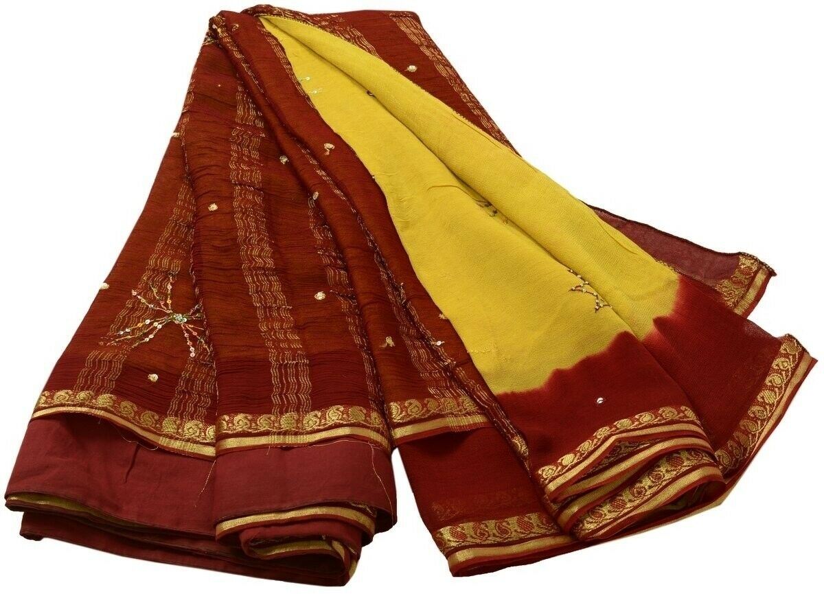 Vintage Saree Hand Beaded Embroidered Scrap Georgette Fabric for Craft Green
