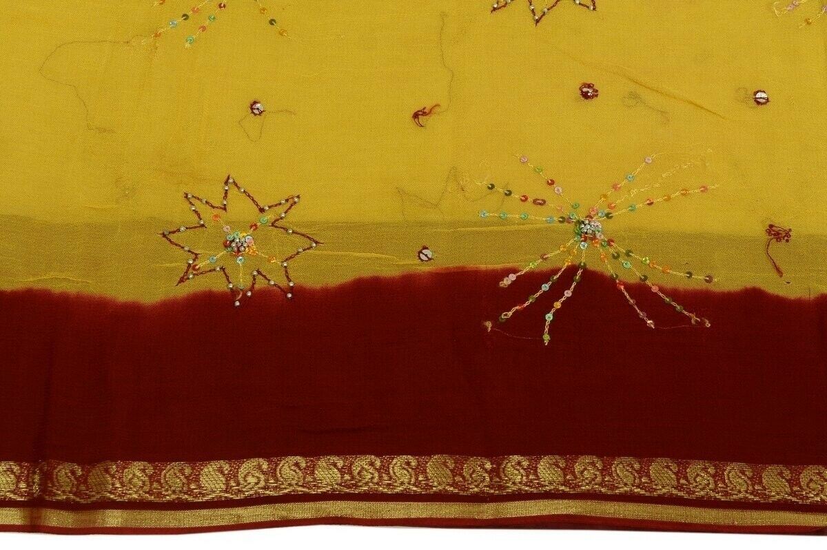 Vintage Saree Hand Beaded Embroidered Scrap Georgette Fabric for Craft Green