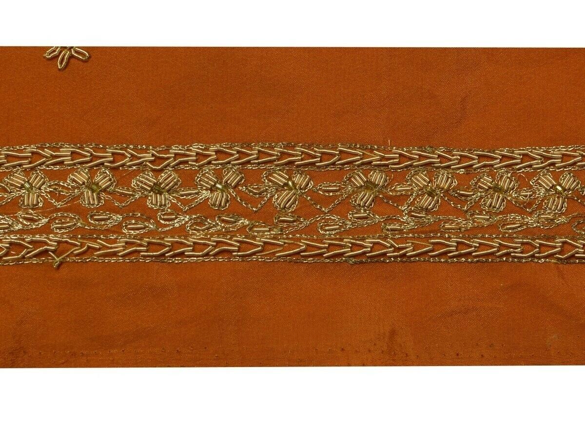 Vintage Sari Border Indian Craft Trim Hand Beaded Zardoizi Embroidered Lace Rust