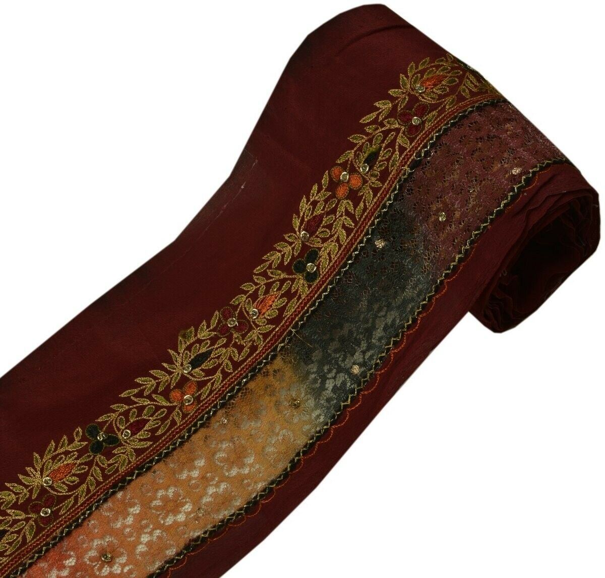 Vintage Sari Border Indian Craft Trim Embroidered Net Patch Ribbon Lace Maroon