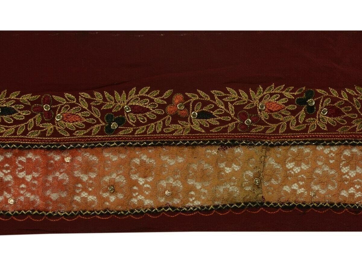 Vintage Sari Border Indian Craft Trim Embroidered Net Patch Ribbon Lace Maroon