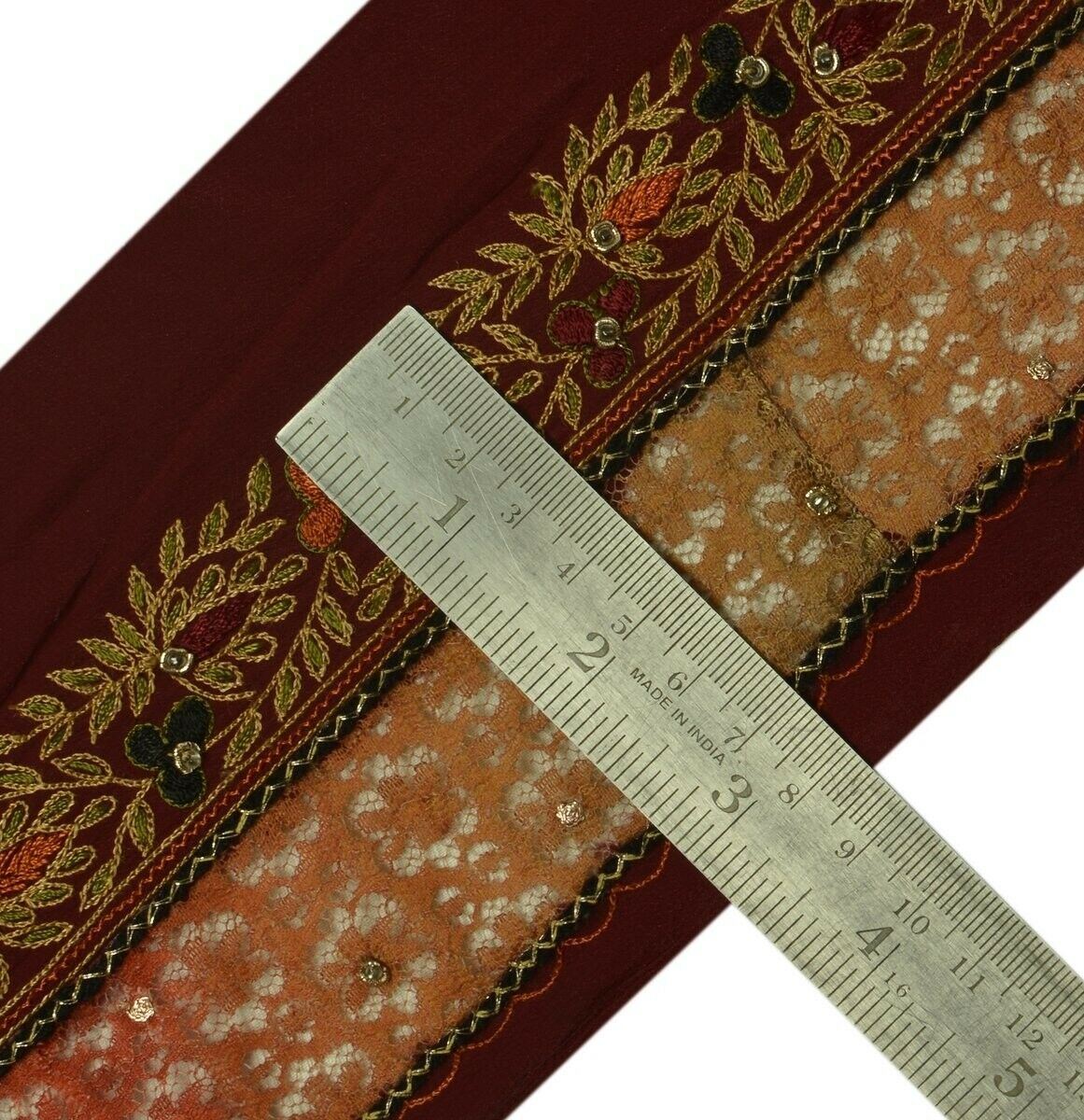 Vintage Sari Border Indian Craft Trim Embroidered Net Patch Ribbon Lace Maroon