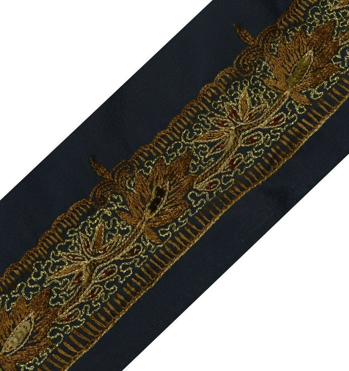 Vintage Sari Border Indian Craft Trim Embroidered Deep Gray Sewing Ribbon Lace