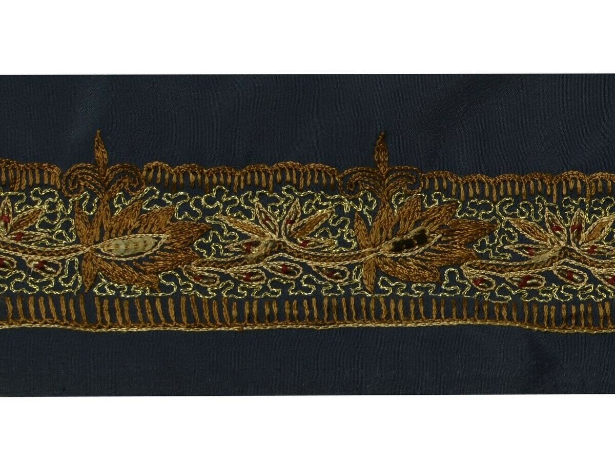 Vintage Sari Border Indian Craft Trim Embroidered Deep Gray Sewing Ribbon Lace