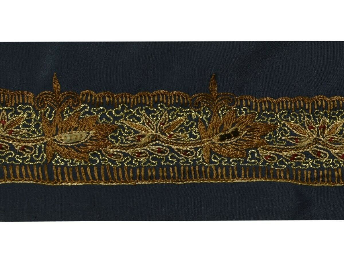 Vintage Sari Border Indian Craft Trim Embroidered Deep Gray Sewing Ribbon Lace