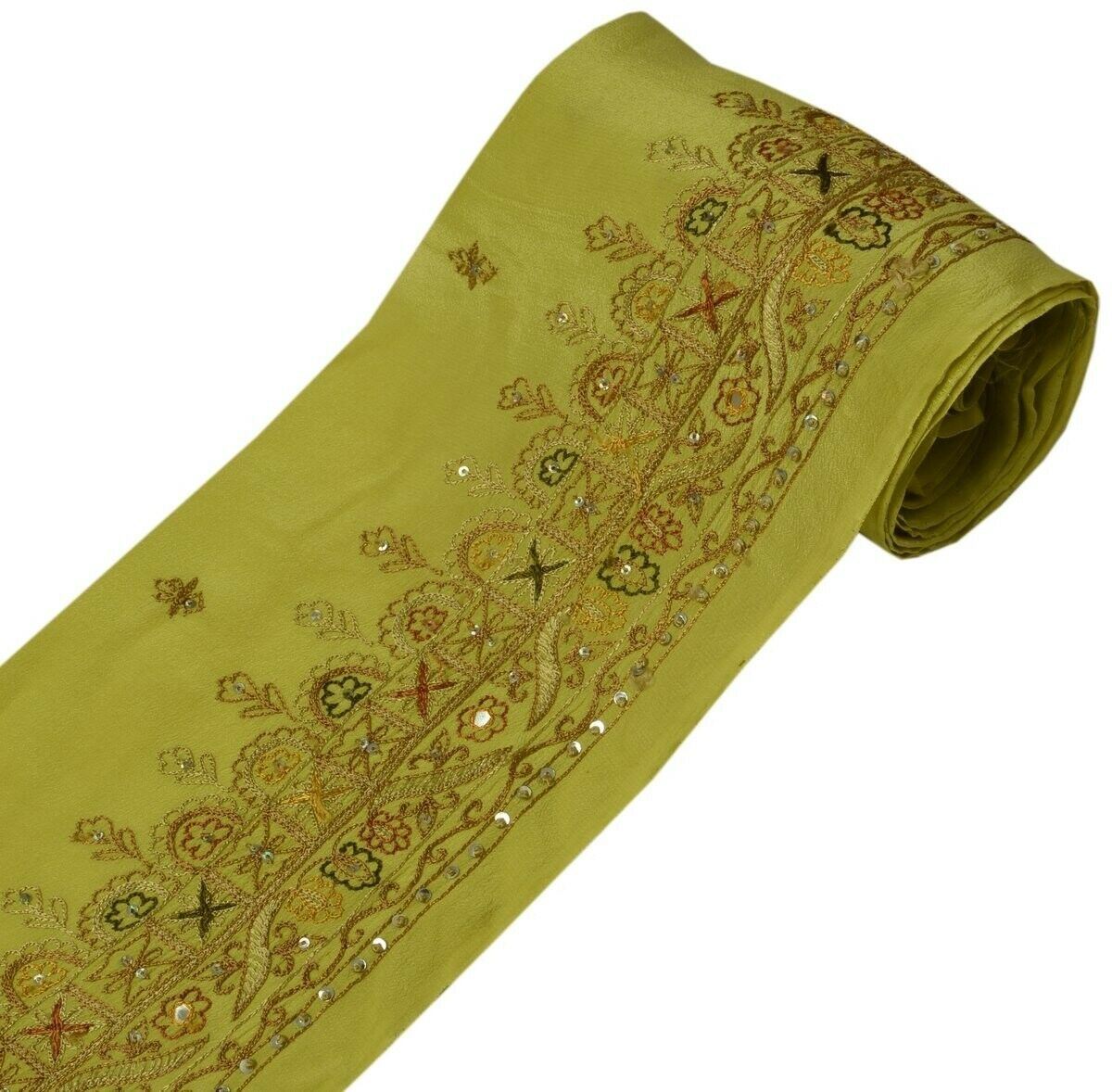 Vintage Sari Border Indian Craft Trim Embroidered Pure Crepe Green Ribbon Lace