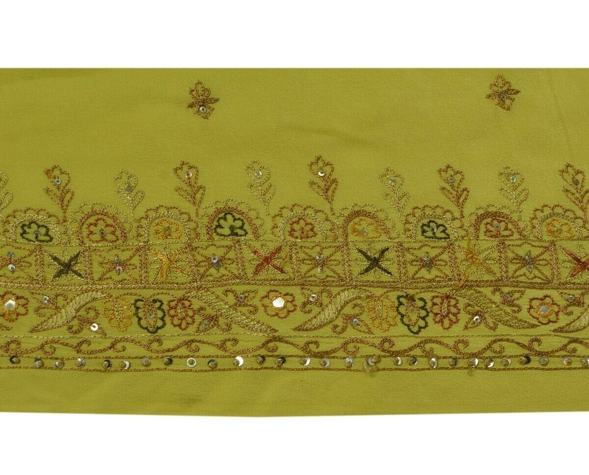 Vintage Sari Border Indian Craft Trim Embroidered Pure Crepe Green Ribbon Lace