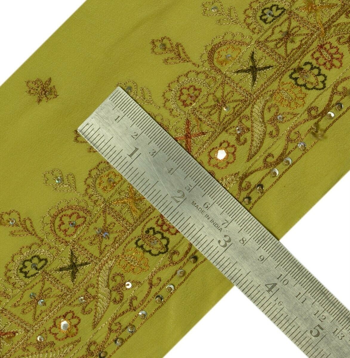 Vintage Sari Border Indian Craft Trim Embroidered Pure Crepe Green Ribbon Lace