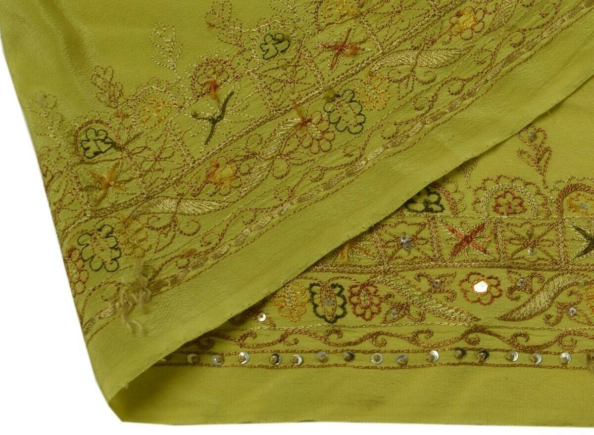 Vintage Sari Border Indian Craft Trim Embroidered Pure Crepe Green Ribbon Lace