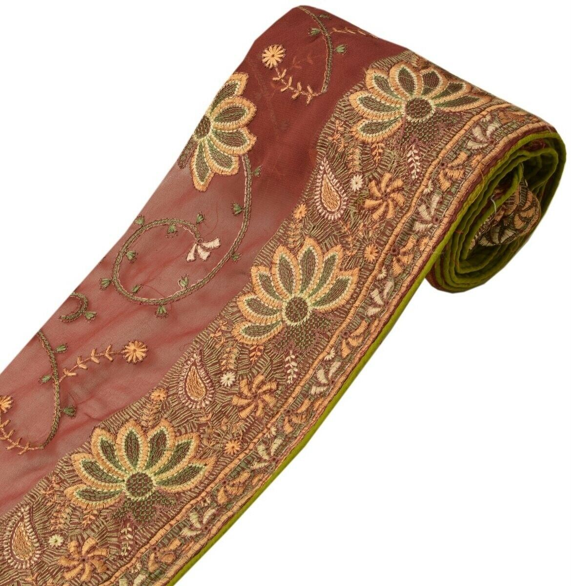 Vintage Sari Border Indian Craft Trim Embroidered Floral Maroon Ribbon Lace