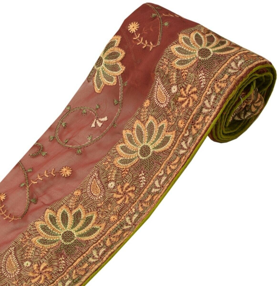 Vintage Sari Border Indian Craft Trim Embroidered Floral Maroon Ribbon Lace