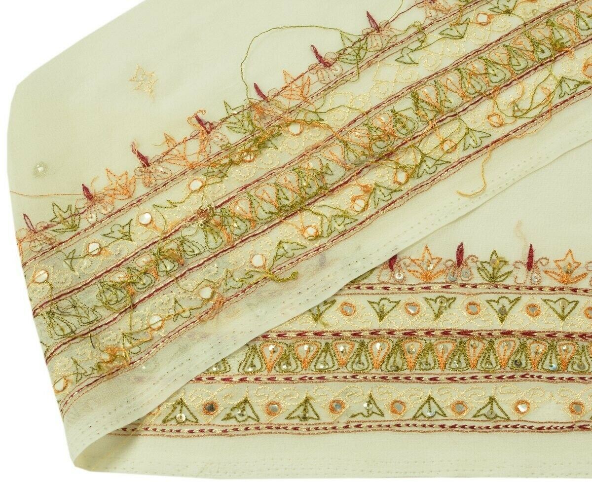 Vintage Sari Border Indian Craft Trim Embroidered Mirror Work Cream Ribbon Lace