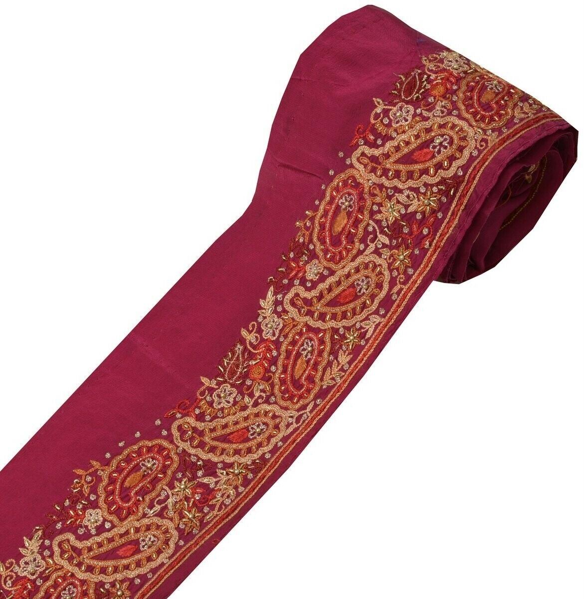 Vintage Sari Border Indian Craft Trim Hand Beaded Embroidered Ribbon Lace Purple
