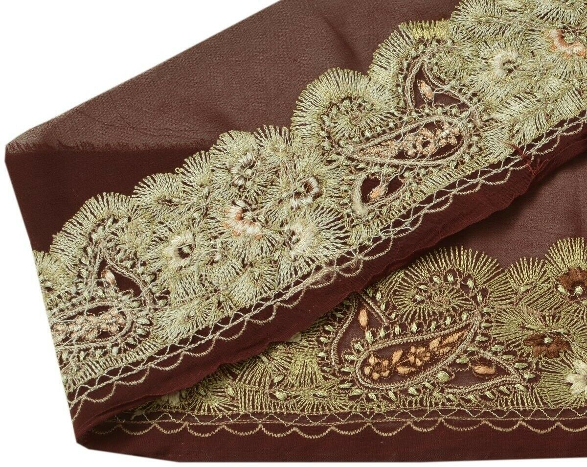 Vintage Sari Border Indian Craft Trim Embroidered Burgundy Sewing Ribbon Lace