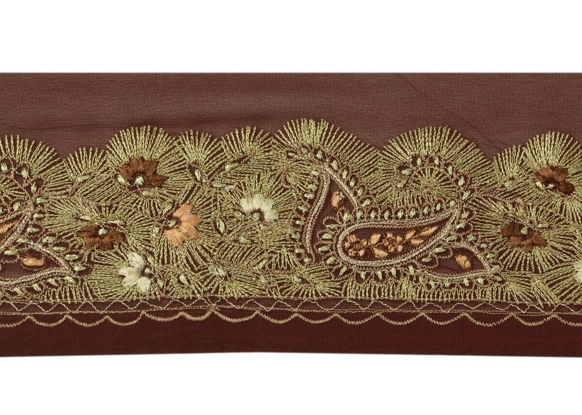 Vintage Sari Border Indian Craft Trim Embroidered Burgundy Sewing Ribbon Lace
