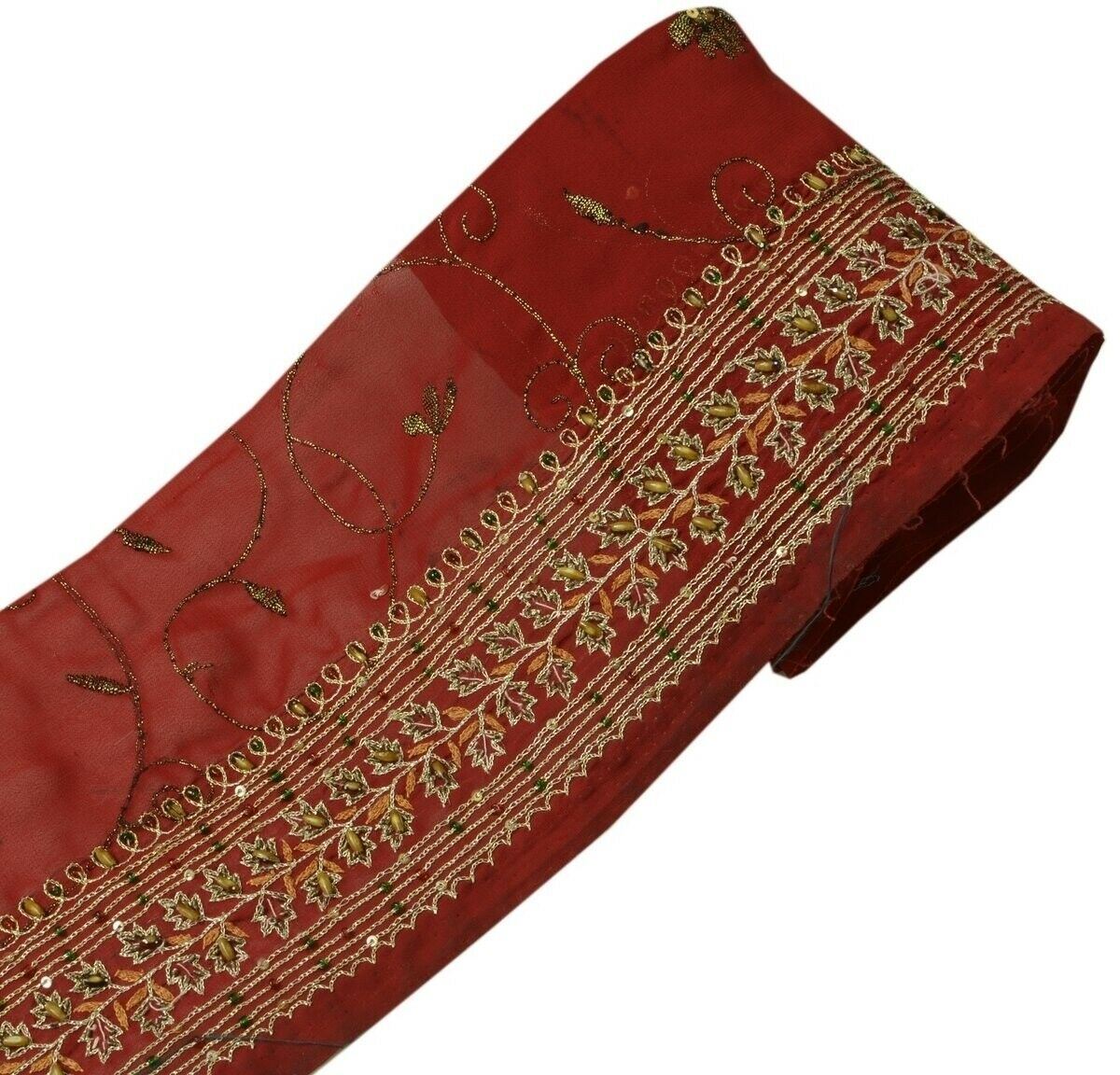 Vintage Sari Border Indian Craft Trim Hand Beaded Embroidered Ribbon Lace Maroon
