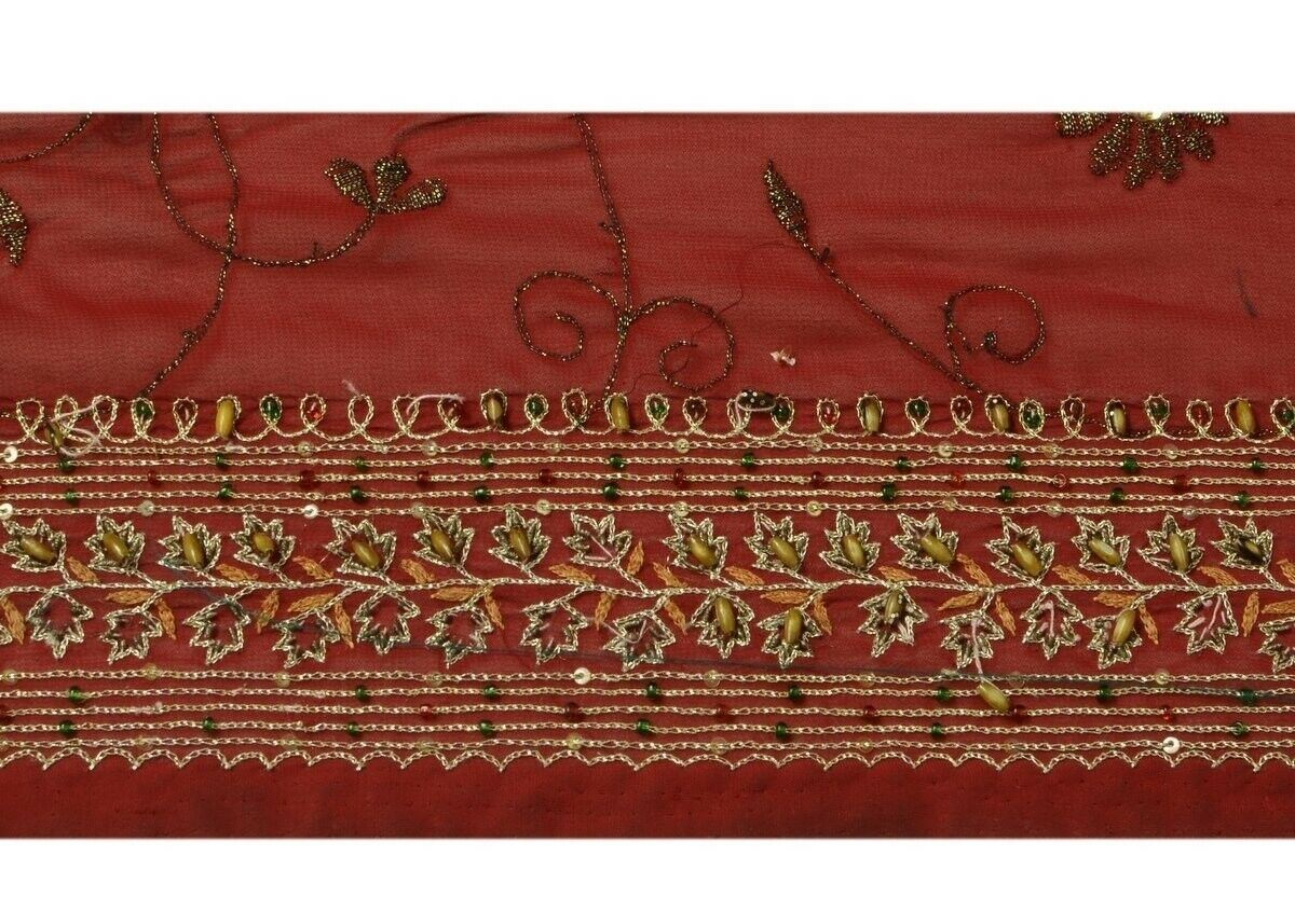 Vintage Sari Border Indian Craft Trim Hand Beaded Embroidered Ribbon Lace Maroon