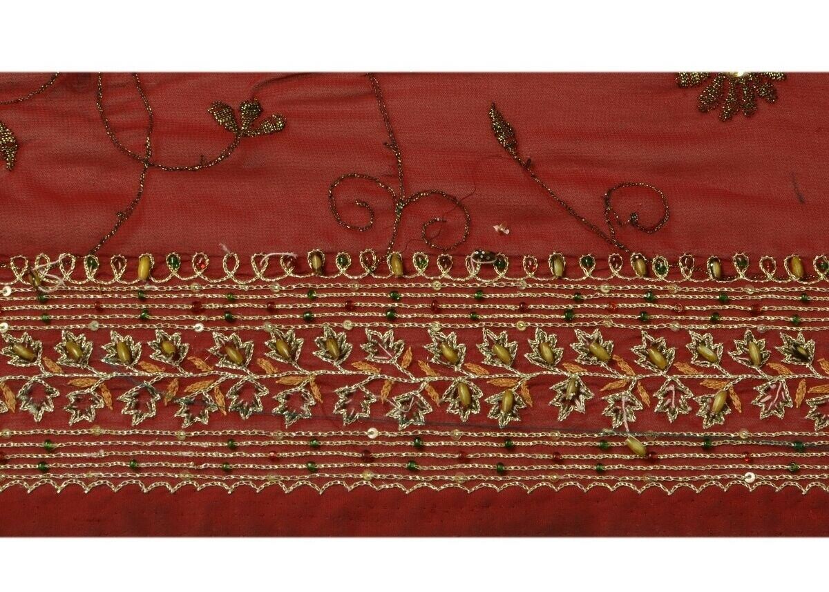 Vintage Sari Border Indian Craft Trim Hand Beaded Embroidered Ribbon Lace Maroon