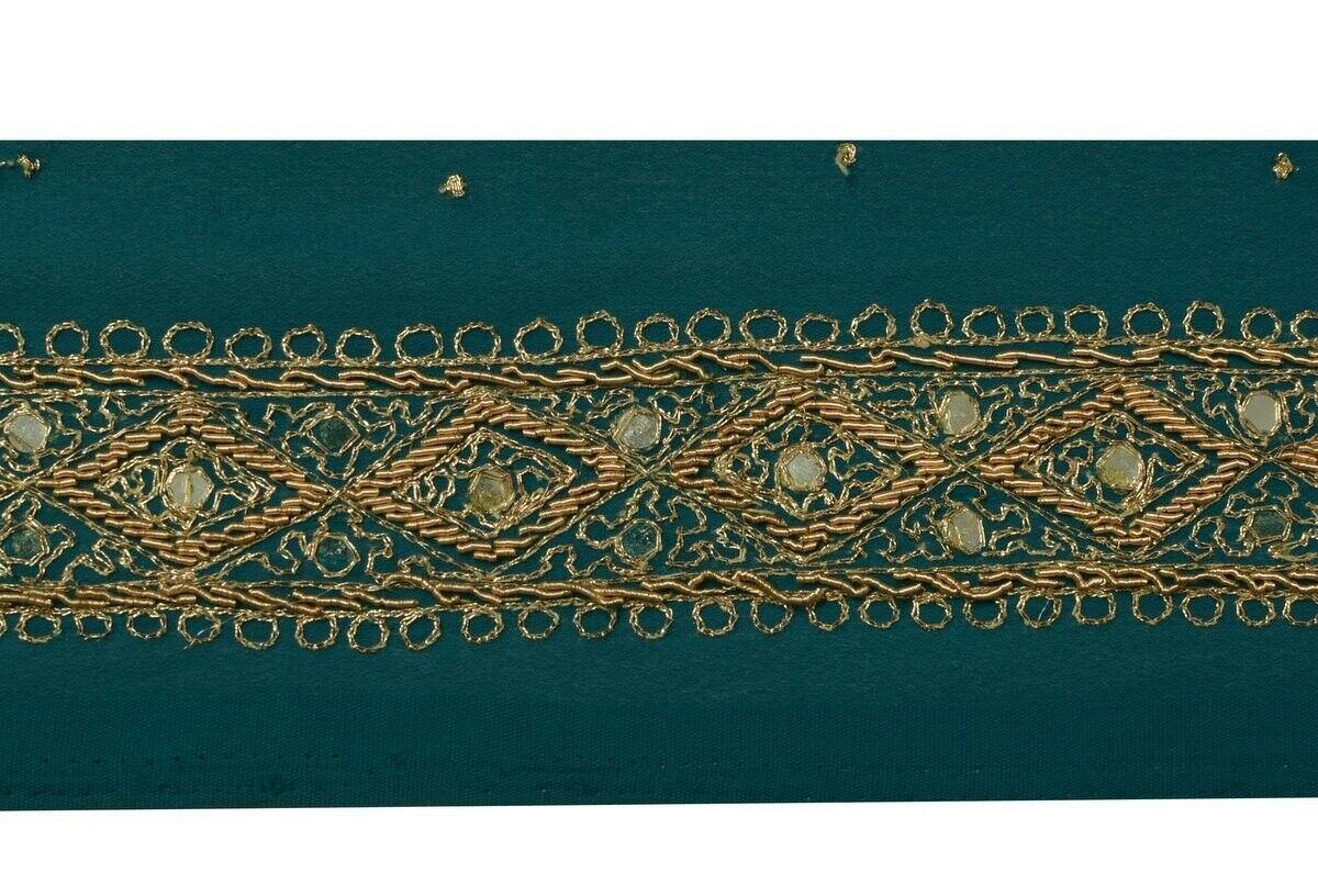 Vintage Sari Border Indian Craft Trim Hand Beaded Zardozi Embroidered Lace Green