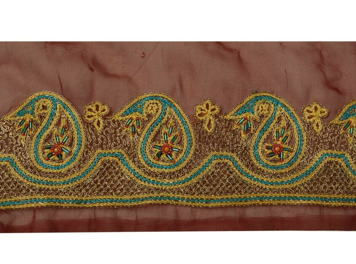 Vintage Sari Border Indian Craft Trim Embroidered Beaded Maroon Ribbon Lace